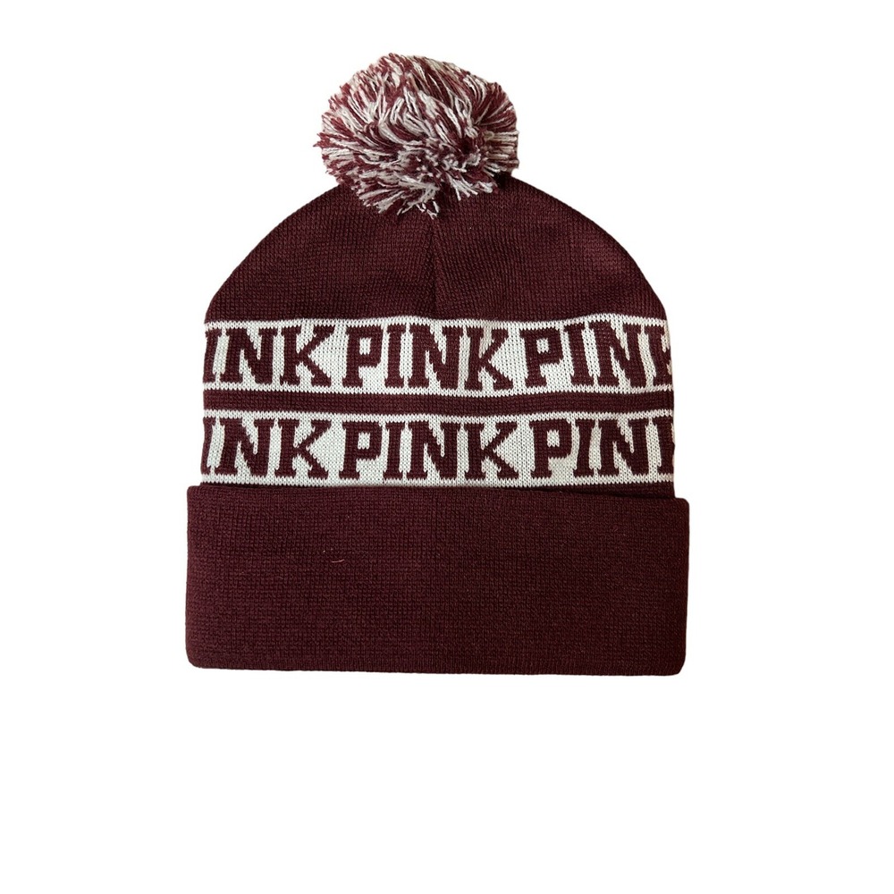 Victorias Secret PINK Hat Pom Pom Burgundy White Logo‎ Winter Beanie NWOT
